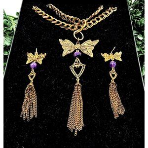 Gold Tone Butterfly Chain Necklace and Earring Set With Purple Accents